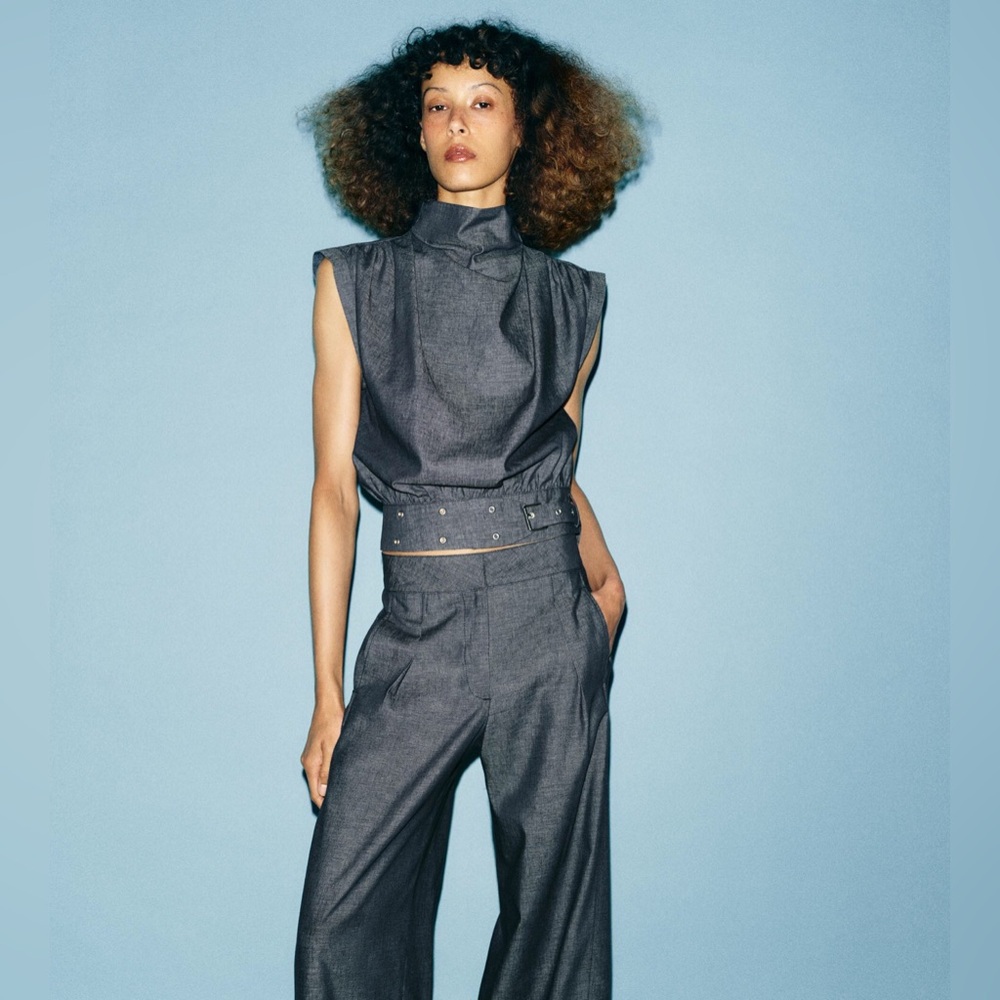 Zara - Indigo Sleeveless High-Neck Wide-Leg Pant Set Size Large - NWT